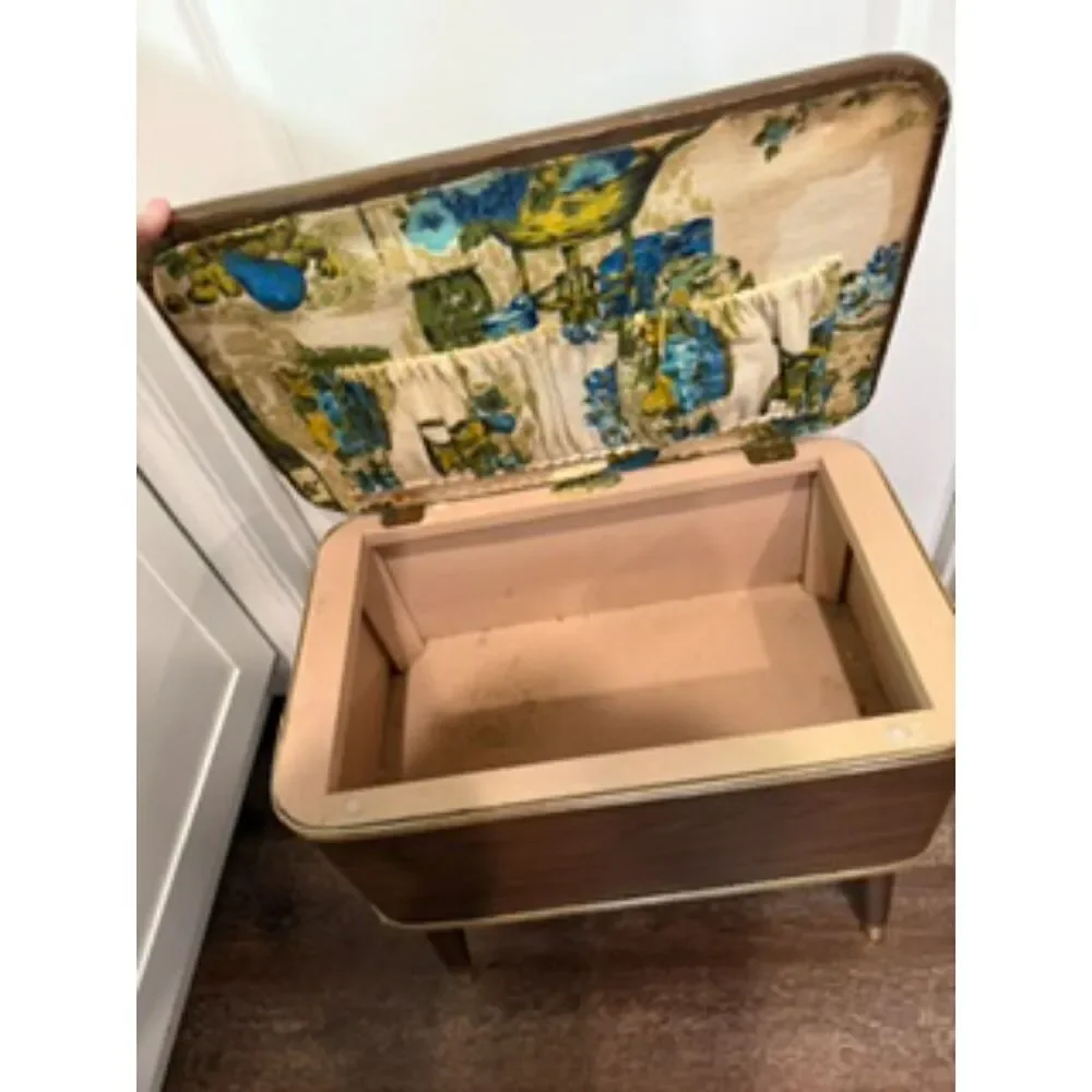 Mid-Century Style Brown Wood Storage Ottoman with Gold Accents